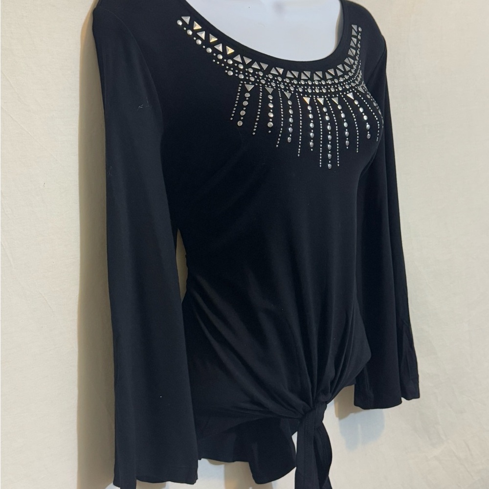 H-161 JM Collection Black Embellished Tie Front Long Sleeve Pullover Blouse - Picture 6 of 14